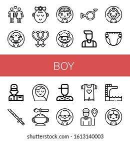 Set of boy icons. Such as Heterosexual, Man, Girl, Gay, Bigender, Diaper, Delivery man, Katana, Baby girl, Baby food, Rapper, Baby clothes, Trampoline, Woman , boy icons