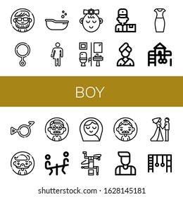 Set of boy icons. Such as Man, Third gender, Baby tub, Bigender, Girl, Restroom, Delivery man, Woman, Pencil dress, Playground, Seesaw, Baby girl, Breakdance, Couple , boy icons