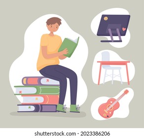 set of boy learning with books and computer