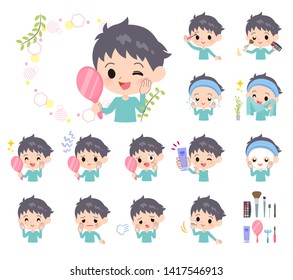 A set of boy on beauty.There are various actions such as skin care and makeup.It's vector art so it's easy to edit.
