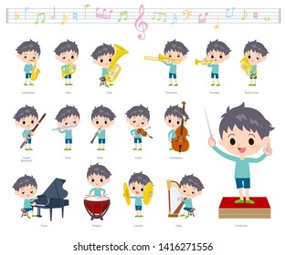 A set of boy on classical music performances.There are actions to play various instruments such as string instruments and wind instruments.It's vector art so it's easy to edit.
