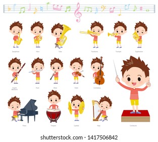 A set of boy on classical music performances.There are actions to play various instruments such as string instruments and wind instruments.It's vector art so it's easy to edit.
