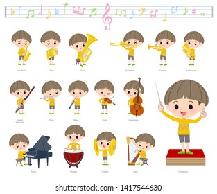 A set of boy on classical music performances.There are actions to play various instruments such as string instruments and wind instruments.It's vector art so it's easy to edit.
