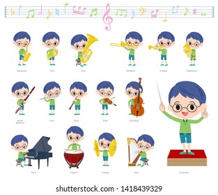 A set of boy on classical music performances.There are actions to play various instruments such as string instruments and wind instruments.It's vector art so it's easy to edit.
