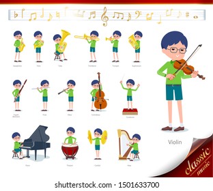 A set of boy on classical music performances.There are actions to play various instruments such as string instruments and wind instruments.It's vector art so it's easy to edit.
