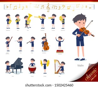 A set of boy on classical music performances.There are actions to play various instruments such as string instruments and wind instruments.It's vector art so it's easy to edit.
