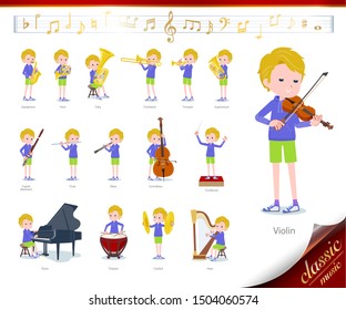 A set of boy on classical music performances.There are actions to play various instruments such as string instruments and wind instruments.It's vector art so it's easy to edit.
