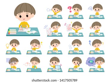 A set of boy on study.There are various emotions and actions.It's vector art so it's easy to edit.
