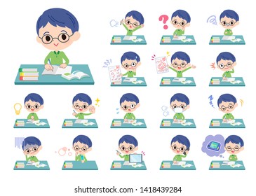 A set of boy on study.There are various emotions and actions.It's vector art so it's easy to edit.
