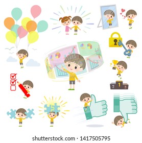 A set of boy on success and positive.There are actions on business and solution as well.It's vector art so it's easy to edit.
