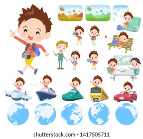 A set of boy on travel.There are also vehicles such as boats and airplanes.It's vector art so it's easy to edit.
