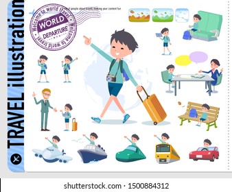 A set of boy on travel.There are also vehicles such as boats and airplanes.It's vector art so it's easy to edit.
