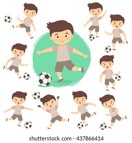 Set of Boy Playing Football. Vector illustration of kids playing soccer in different action style isolated on green white background.