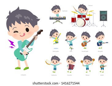 A set of boy playing rock 'n' roll and pop music.There are also various instruments such as ukulele and tambourine.It's vector art so it's easy to edit.
