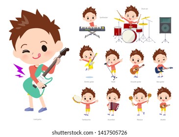 A set of boy playing rock 'n' roll and pop music.There are also various instruments such as ukulele and tambourine.It's vector art so it's easy to edit.
