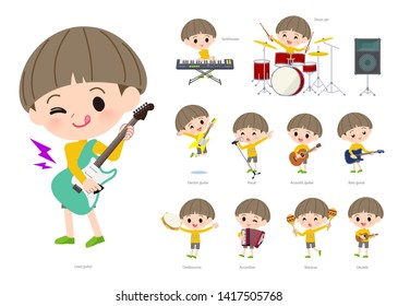 A set of boy playing rock 'n' roll and pop music.There are also various instruments such as ukulele and tambourine.It's vector art so it's easy to edit.
