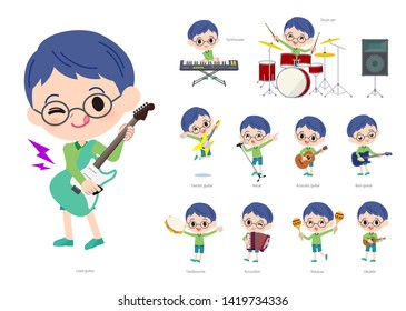 A set of boy playing rock 'n' roll and pop music.There are also various instruments such as ukulele and tambourine.It's vector art so it's easy to edit.
