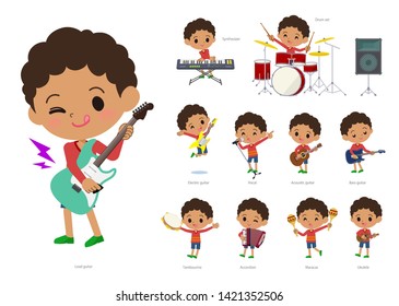 A set of boy playing rock 'n' roll and pop music.There are also various instruments such as ukulele and tambourine.It's vector art so it's easy to edit.
