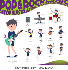 A set of boy playing rock 'n' roll and pop music.There are also various instruments such as ukulele and tambourine.It's vector art so it's easy to edit.
