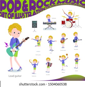 A set of boy playing rock 'n' roll and pop music.There are also various instruments such as ukulele and tambourine.It's vector art so it's easy to edit.
