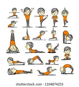Set of Boy practicing yoga pose, 21st june international yoga day, vector illustration.