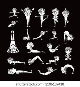 Set of Boy practicing yoga pose, 21st june international yoga day, vector illustration.