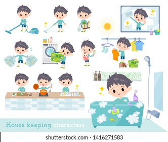 A set of boy related to housekeeping such as cleaning and laundry.There are various actions such as cooking and child rearing.It's vector art so it's easy to edit.
