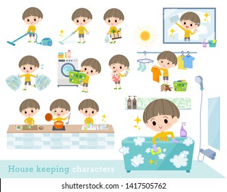 A set of boy related to housekeeping such as cleaning and laundry.There are various actions such as cooking and child rearing.It's vector art so it's easy to edit.
