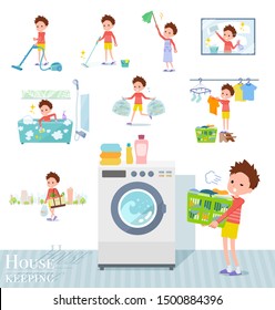A set of boy related to housekeeping such as cleaning and laundry.There are various actions such as child rearing.It's vector art so it's easy to edit.
