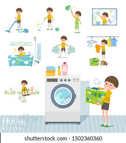 A set of boy related to housekeeping such as cleaning and laundry. There are various actions such as child rearing. It's vector art so it's easy to edit.
