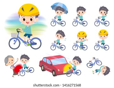A set of boy riding a city cycle.There are actions on manners and troubles.It's vector art so it's easy to edit.
