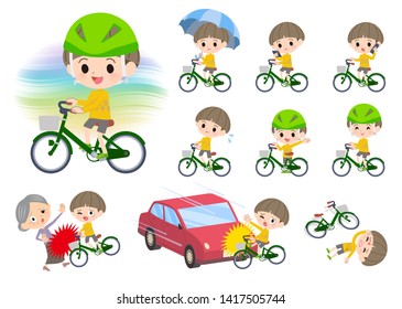 A set of boy riding a city cycle.There are actions on manners and troubles.It's vector art so it's easy to edit.