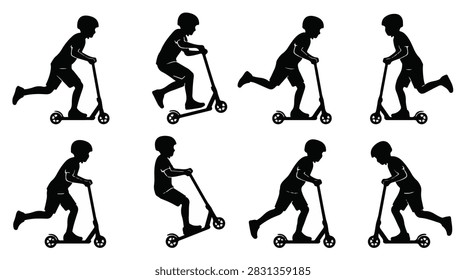 A set of boy riding scooty in various poses silhouette vector illustration on a white background