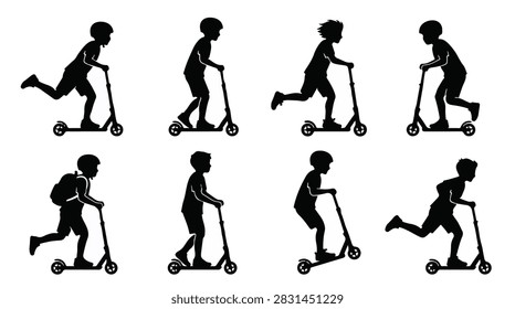 A set of boy riding scooty in various poses silhouette vector illustration on a white background
