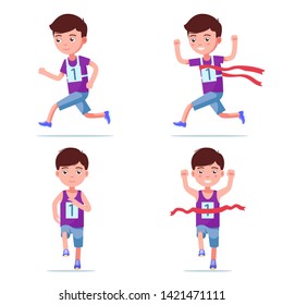 Set boy runner wins the race. Child resorts first and breaks the ribbon of the winner.  Vector illustration isolated on white background, flat style.