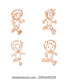 Set of boy running in good mood for funny, Vector illustration outline of cute male character