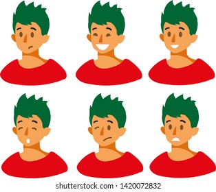 Set of boy s emotions. Facial expression. Beautiful boy emoji with a variety of facial expressions. Boy Avatar. Vector illustration of a flat design.