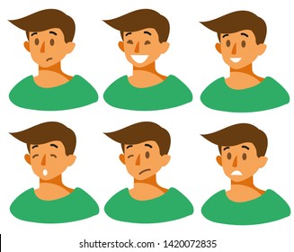 Set of boy s emotions. Facial expression. Beautiful boy emoji with a variety of facial expressions. Boy Avatar. Vector illustration of a flat design.