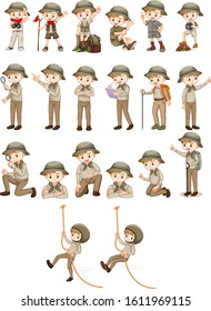 Set of boy in safari outfit doing different actions illustration