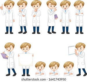 Set of boy in science gown doing many actions illustration