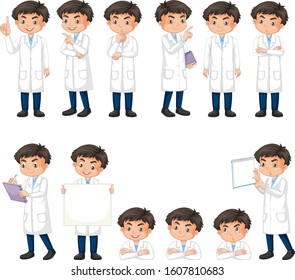 Set of boy in science gown on white background illustration
