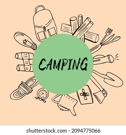 set of boy scout symbols and camping equipment. Vector illustration with text isolated on a light background