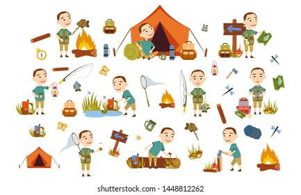 Set boy with a short hairstyle tourist nature. Camping. Fishing, overnight, picking mushrooms, fun and relaxation. Children's camp. Scouts. Cute Vector Illustration