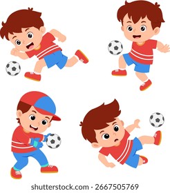 Jugador de fútbol de niño juega al fútbol con la pelota en varias poses de ilustración