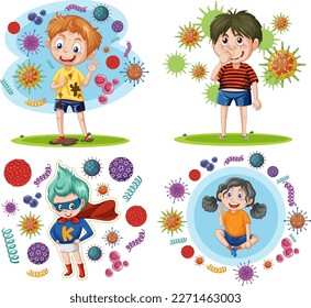 Set of boy surrounded by germ illustration