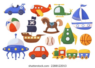 Set Of Boy Toys Car, Train, Ufo and Ball, Horse, Ship and Rocket Action Figures For Imaginative Play And Can Help Promote Creativity And Problem-solving Skills In Children. Cartoon Vector Illustration