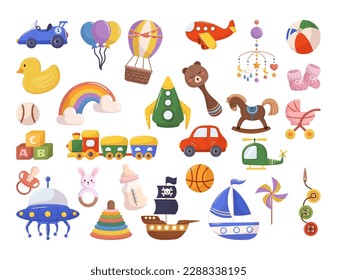 Set Of Boy Toys Including Race Car, Rubber Duck, Rattle and Pirate Ship. Ufo Saucer, Helicopter, Blocks and Wooden Horse For Children's Playtime Or Toy-themed Promotions. Cartoon Vector Illustration