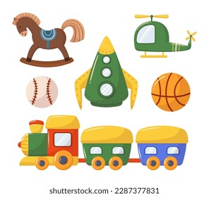 Set Of Boy Toys Including Wooden Horse, Helicopter, Balls and Rocket with Train. The Collection Is Perfect For Promoting Children's Playtime Or For Toy Advertisements. Cartoon Vector Illustration