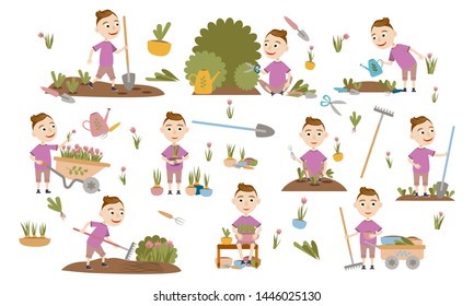 Set boy with trendy gardening plants, weed beds, watering seedlings, pruning bushes and trees, working in the garden. People and garden tools. Vector illustration