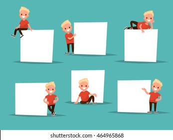 Set boy in various poses next to a poster. The boy says, shows. Ideal for pre-school educational posters.